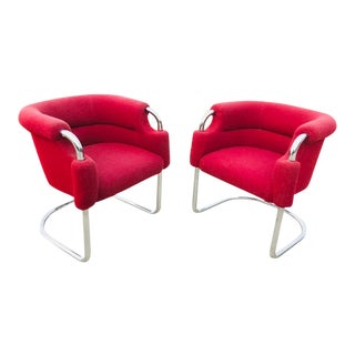 1970s Mid-Century Modern Tubular Red Upholstery and Chrome Cantilever Lounge Chairs - a Pair For Sale