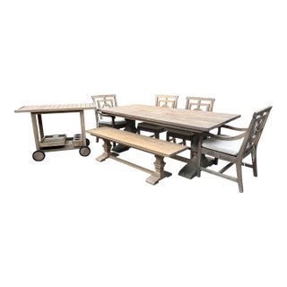 Arhaus Hamptons Outdoor Teak Dining Set – 84" Table, Bench, 4 Chairs, Beverage Cart & Cushions For Sale