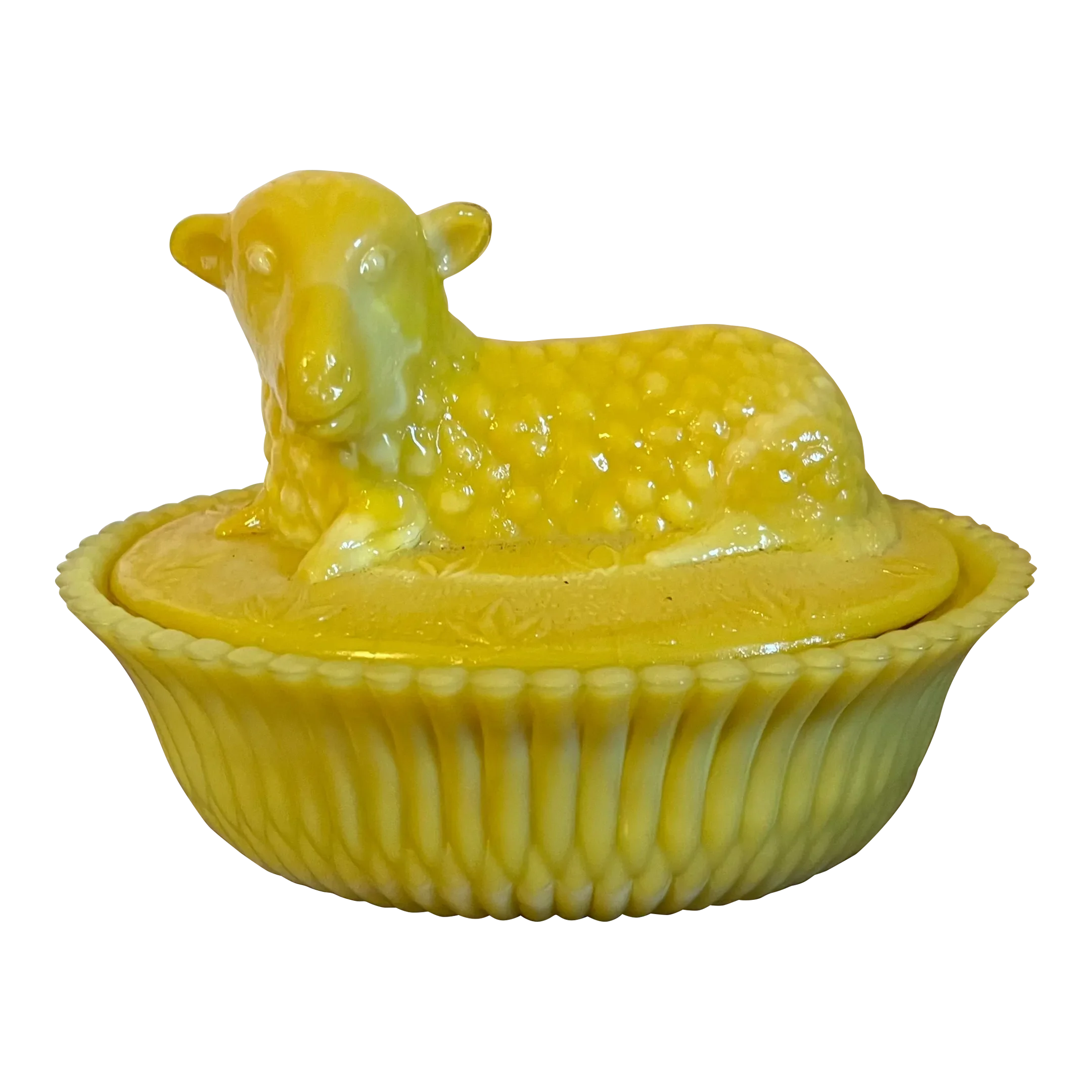 Canary Yellow Pressed Glass Butter Dish Lamb on a Basket or Nest