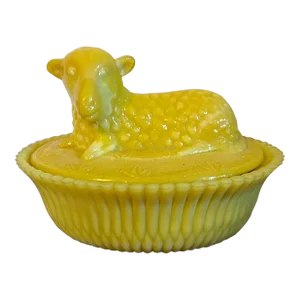 Canary Yellow Pressed Glass Butter Dish Lamb on a Basket or Nest