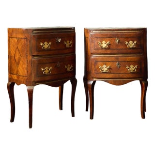 Pair of 18th Century Italian Commodinis With Marble Tops and Marquetry Inlay, Sicilian, C. 1780 For Sale