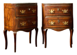 Pair of 18th Century Italian Commodinis With Marble Tops and Marquetry Inlay, Sicilian, C. 1780