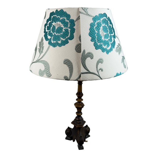 Brass Table Lamp with Fabric Lampshade, 20th Century For Sale