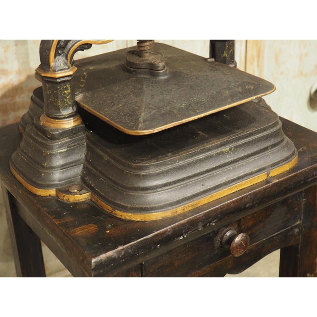 Wood 19th Century French Cast Iron Book Press on Wooden Stand For Sale - Image 7 of 18