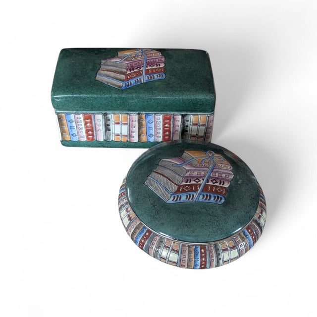 Vintage Maitland Smith Style Stacked Book Ceramic Keep All Boxes- A Pair For Sale - Image 15 of 17
