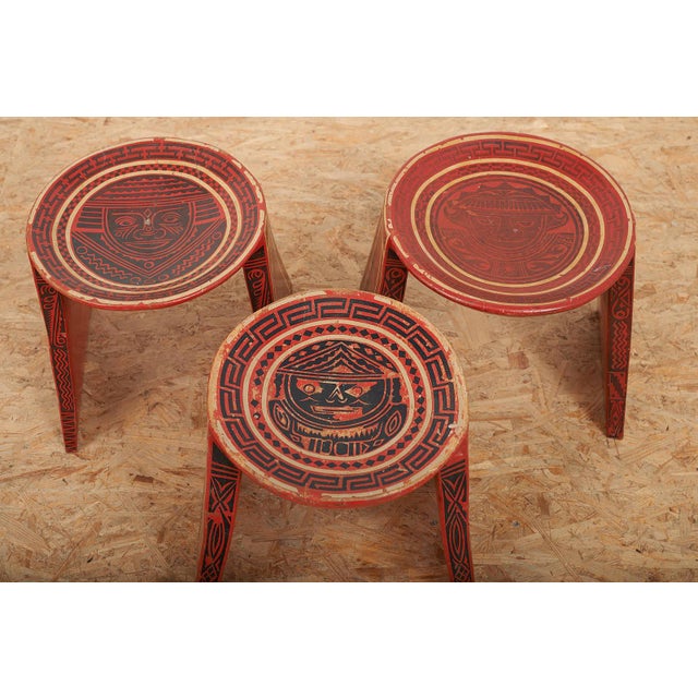 Wood Wooden Stools with Table with South American Motifs, Set of 3 For Sale - Image 7 of 12