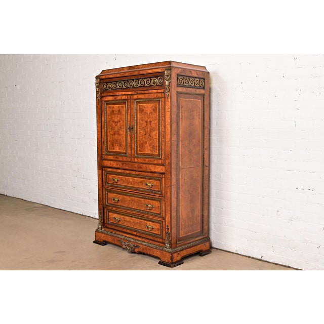 French Maison Forest Style Antique French Empire Burl Wood Armoire Dresser or Gentleman's Chest With Mounted Ormolu, Circa 1880s For Sale - Image 3 of 12