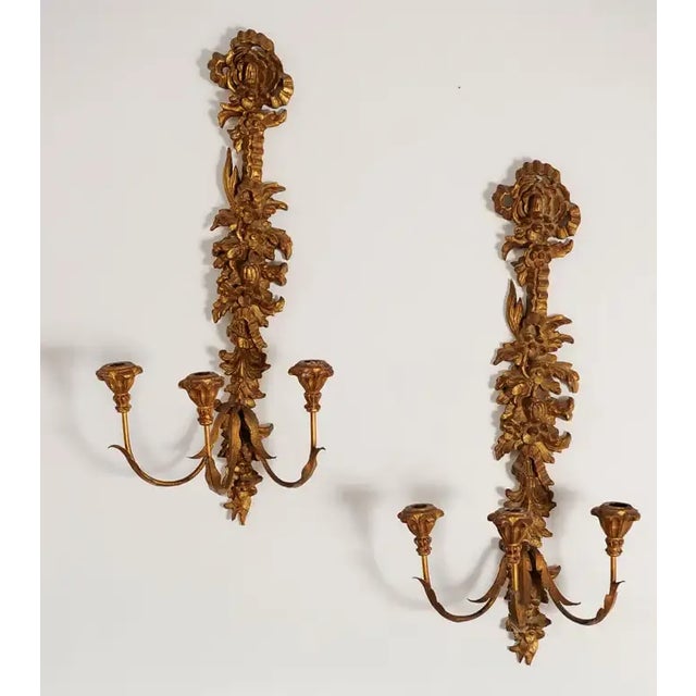 Rococo Pair of Early 20th Century Gilt Italian Sconces For Sale - Image 3 of 4