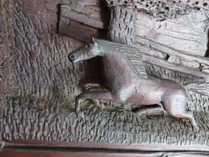 Vintage Equestrian Horse Jumping Steeplechase Hand Carved Wooden Wall Plaque Dated 1930