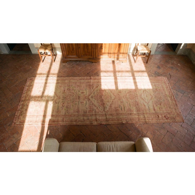 1920s Pink Medallion Antique Turkish Decorative Oushak Rug 3' X 12' Handknotted Wool Carpet For Sale - Image 9 of 9