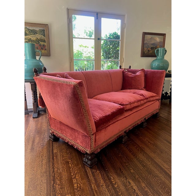 Wood 1920s Spanish Revival Tuxedo Couch in Red Velvet For Sale - Image 7 of 12