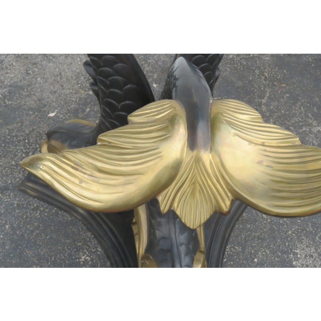 Metal Hollywood Regency Brass Dolphin Base Round Glass Top Dining Table For Sale - Image 7 of 13