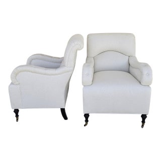 Baker Furniture English Country Scroll Arm Lounge Chairs in White Herringbone Casters Pair For Sale