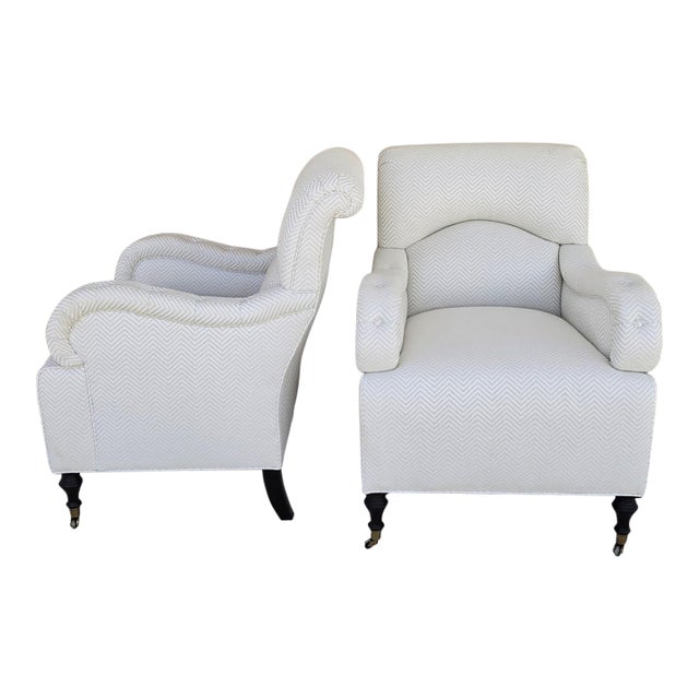 Baker Furniture English Country Scroll Arm Lounge Chairs in White Herringbone Casters Pair For Sale