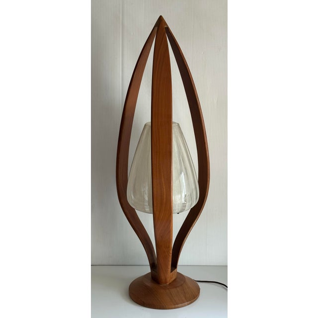Mid-Century Modern 1960s Teak Modeline Style Table Lamp With Western Germany Glass Shade For Sale - Image 3 of 12