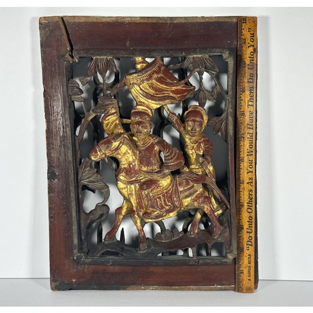 Antique Gilt Lacquered Chinese Panel: Horse & Warriors, Qing Dynasty For Sale - Image 10 of 10