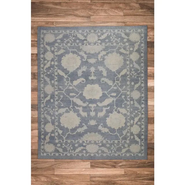 Blue Turkish Oushak Rug Handwoven Wool Blue Floral Design Rug 12'3" X 15' For Sale - Image 8 of 8