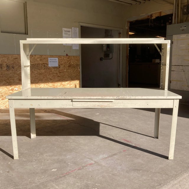 Vintage industrial steel work table or desk, with upper shelf, and drawer, manufactured in Aurora, ILL, by Lyon Metals,...
