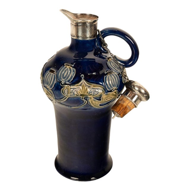 Art Nouveau Antique Art Nouveau Royal Doulton Lambeth Whiskey Jug Silver Mounts London 1903 For Sale - Image 3 of 14