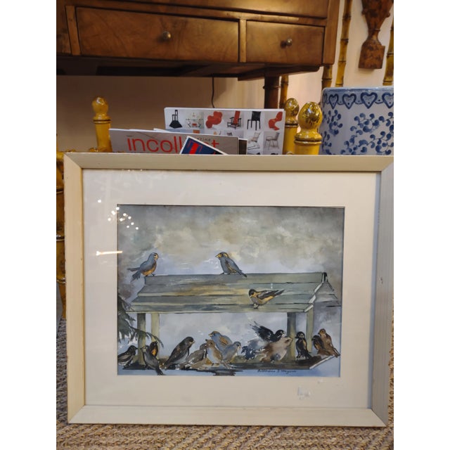 1950s Charming Vintage Watercolor of Birds at a Feeder For Sale In Philadelphia - Image 6 of 6