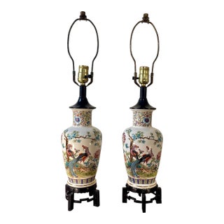 Pair of Vintage Italian Chinoiserie Porcelain Table Lamps With Pheasants For Sale