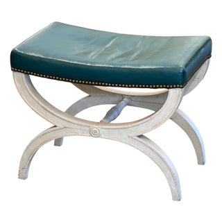 1950s Curule Stool With Teal Leather Seat For Sale