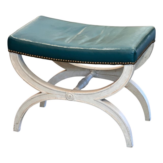 1950s Curule Stool With Teal Leather Seat For Sale
