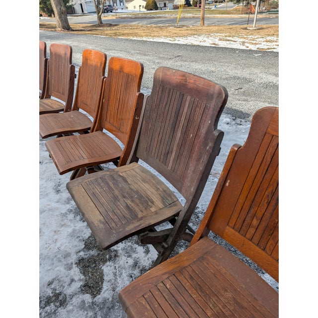 Brown Antique Quartersawn Oak Folding Chairs, Steamboat Theater Seating, Set of 12 For Sale - Image 8 of 18