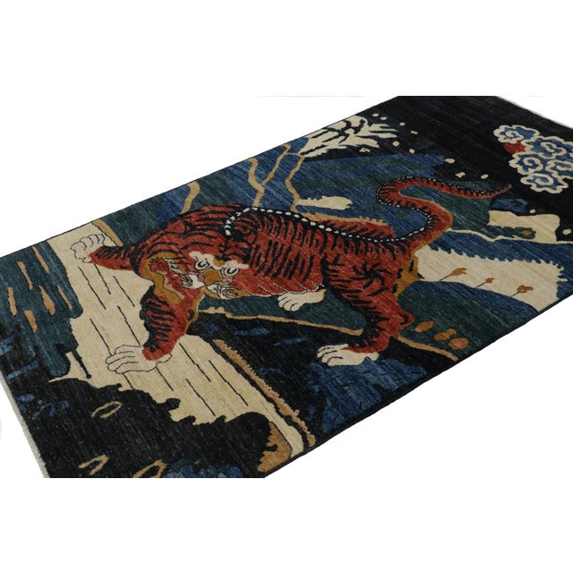 Rug & Kilim Rug & Kilim’s Contemporary Tiger Rug With Navy Blue and Orange Pictorials For Sale - Image 4 of 7