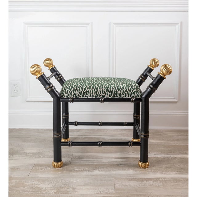 Hollywood Regency Boca Black Earl Emerald Animal Print Bamboo Bench For Sale - Image 3 of 8