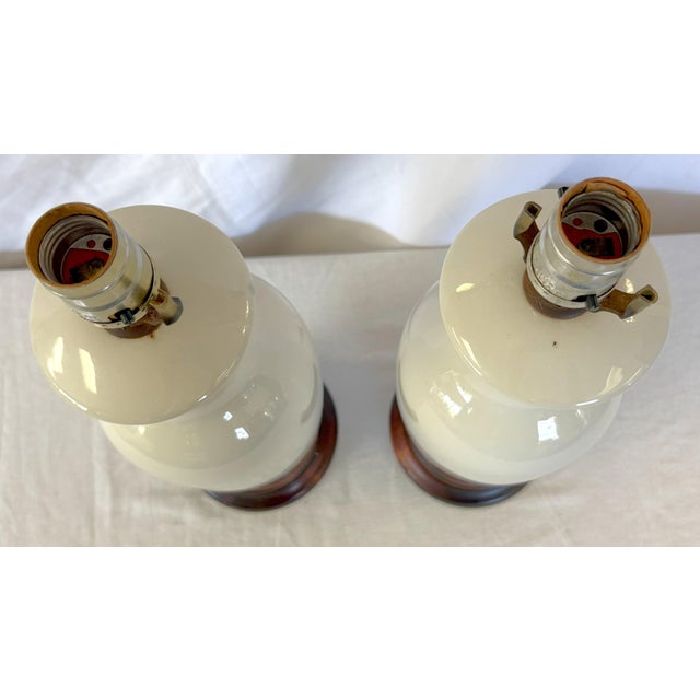Vintage Mid Century Creamy White Ceramic Vase Lamps- A Pair For Sale - Image 4 of 12