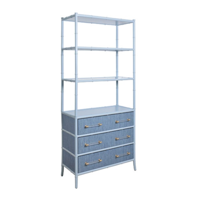 Contemporary Matthew Izzo Home Flynn Light Blue Grasscloth and Matte Lacquer Bamboo Profile Three Drawer Open Shelf Etagere With Acrylic and Brass Bar Handles For Sale - Image 3 of 10