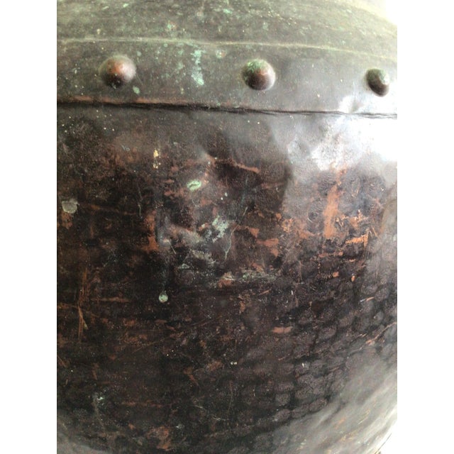Mid-Century Modern 1940s Hand Hammered Studded Patinated Copper Pot With Handles For Sale - Image 3 of 12