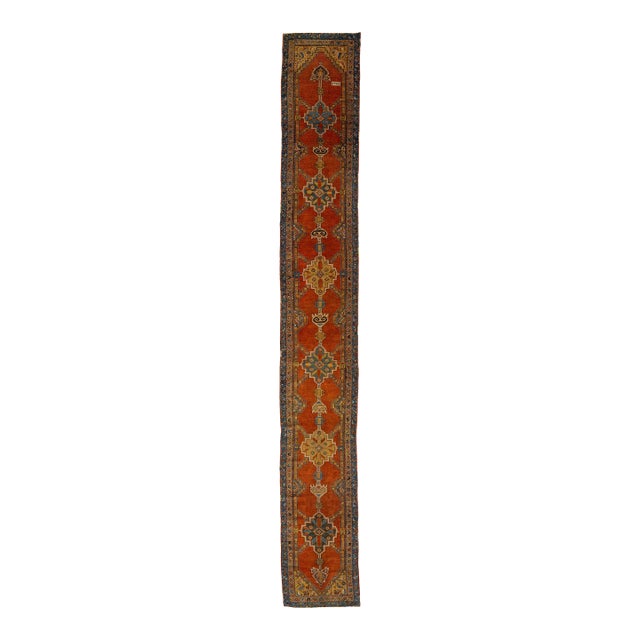 3 X 18 Antique Bakshaeish Persian Wool Runner in Orange-Rust With Tribal Design For Sale