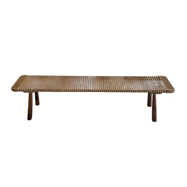 Solid Teak Wood Bench With Softened Edges and Sculptural Leg Form For Sale - Image 4 of 8