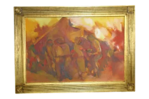 Mid 20th Century "Montgomery Carnival '63" Abstract Figurative Scene Oil Painting, Framed