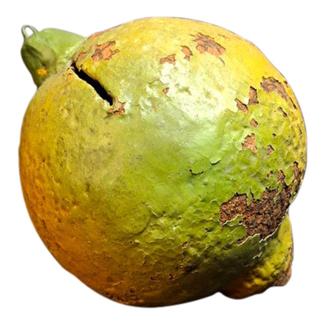 Late 19th C. Redware Earthenware Lemon Fruit Coin Bank Antique Folk Art Pottery For Sale