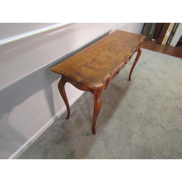 Item: 86562 Ethan Allen solid maple French Country console table. Age: 1990's. Details: Dovetiled Drawers. Condition: Very...