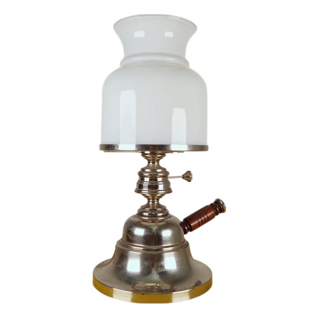 Vintage Table Lamp with Metal Base and Opal Glass Shade For Sale