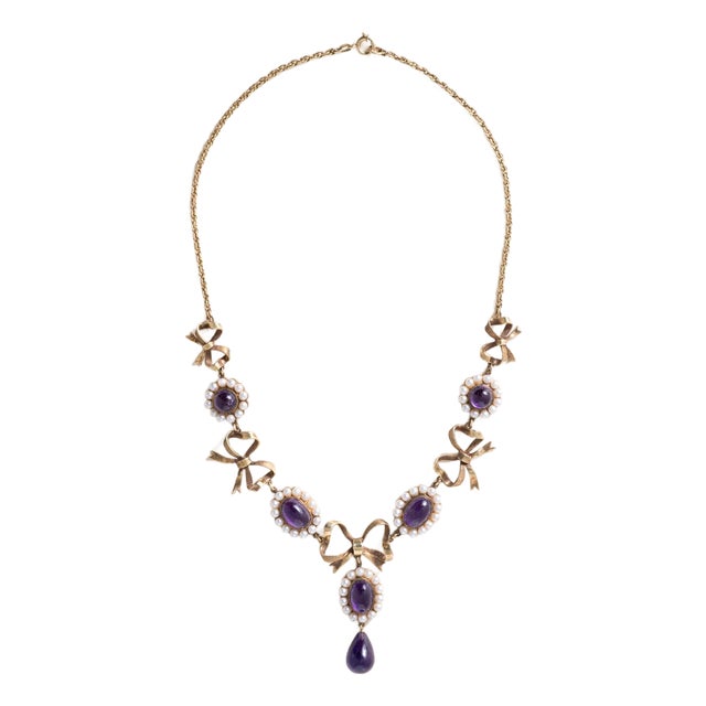 Antique Victorian 21 Carats Amethyst and Seed Pearl Swag 14k Gold Necklace For Sale