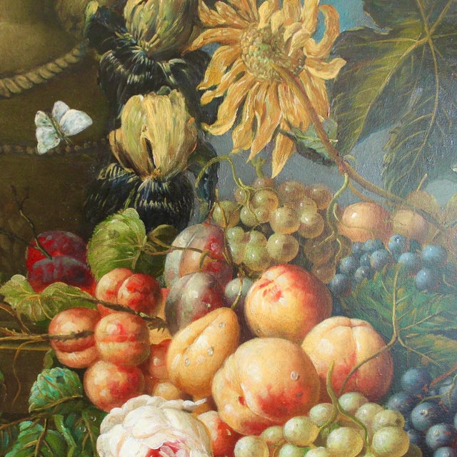 Still Life Oil on Canvas Painting: Flowers and Fruit For Sale - Image 4 of 14