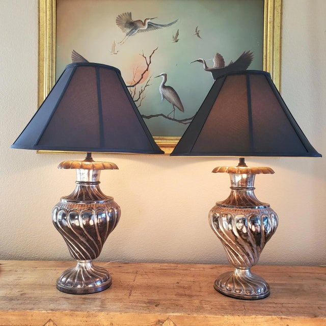 Very elegant French early 20th Century large Silverplate vases turned into a beautiful pair of table lamps. These lustrous...