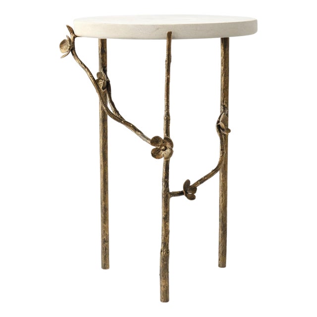 Aged Gold Modern Cherry Blossom Accent Table Travertine For Sale