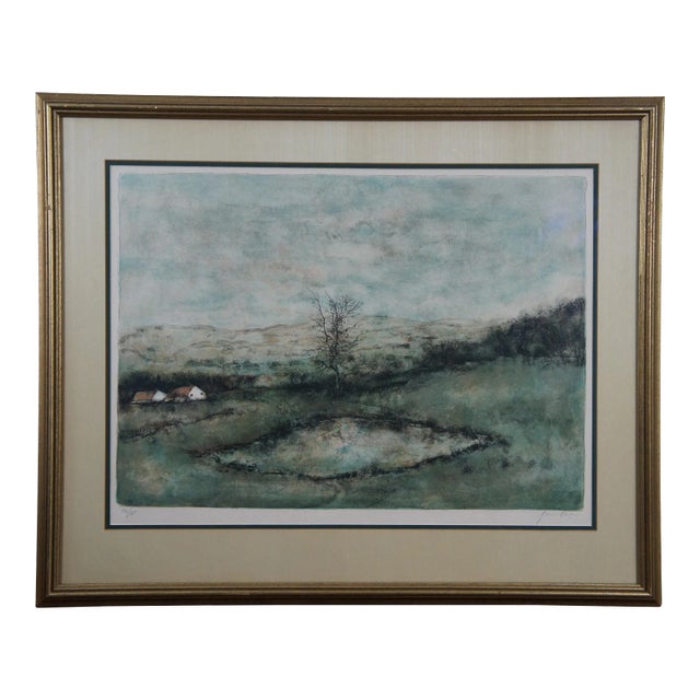 Bernard Gantner Reflets French Country Farmhouse Landscape Lithograph Print 30" For Sale