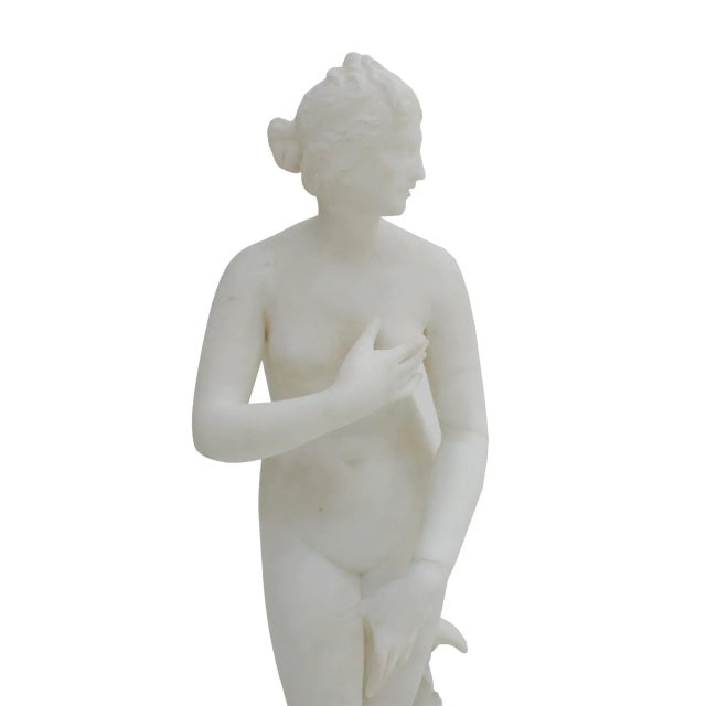 A most elegant Italian 19th century white Carrara marble. This stunning statue depicts the elegant Venus caught in a...