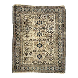 Antique Caucasian Prepidil with Ram Horns in Beige & Navy Rug 4 x 5 For Sale