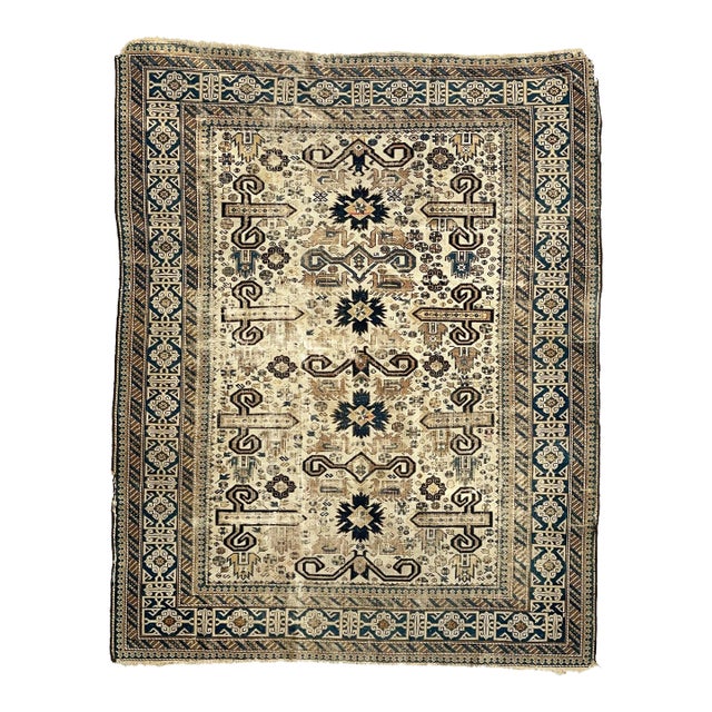 Antique Caucasian Prepidil with Ram Horns in Beige & Navy Rug 4 x 5 For Sale