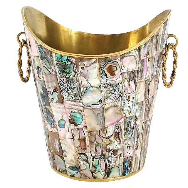 Offering a beautiful restored 1950s Los Castillo style ice bucket and tongs in brass with iridescent mother of pearl...
