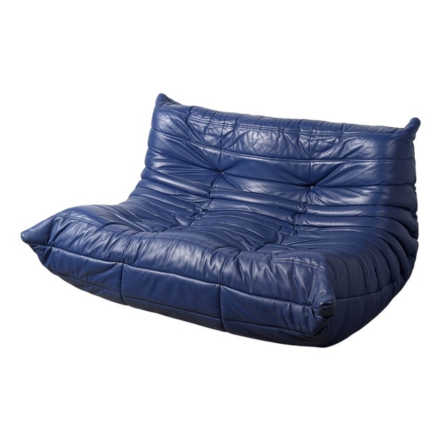 Vintage French Togo Sofa in Blue Leather by Michel Ducaroy for Ligne Roset, 1980s For Sale