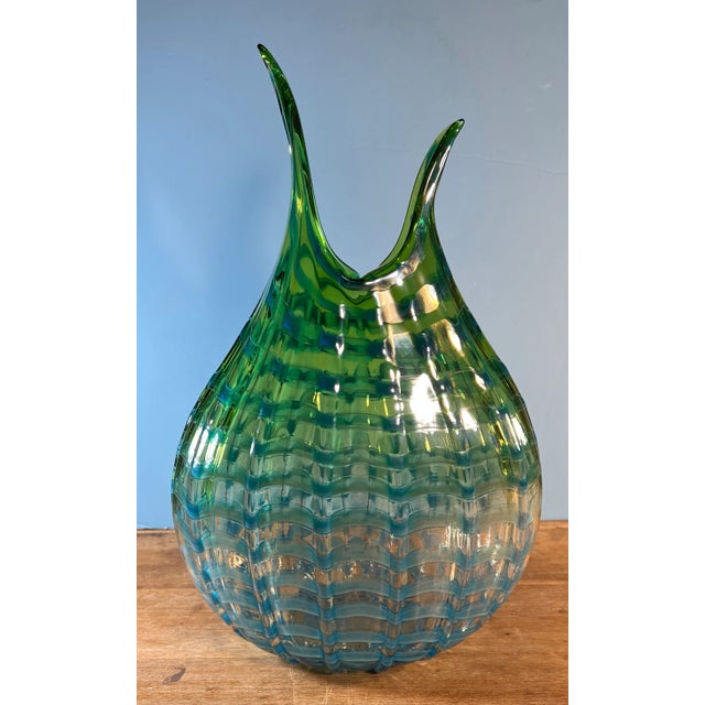Abstract Art Blue Green Narrow Tear Shaped Vase With Blue Wave Pattern Bird Beak Lip For Sale - Image 3 of 12